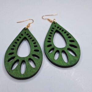 Green wood earrings hollowed out tear drop drop earrings
